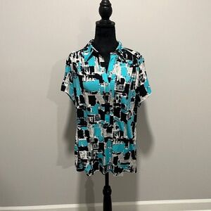 Alfani Short Sleeve Blouse, Black, Teal, Gray, White, Size 1X